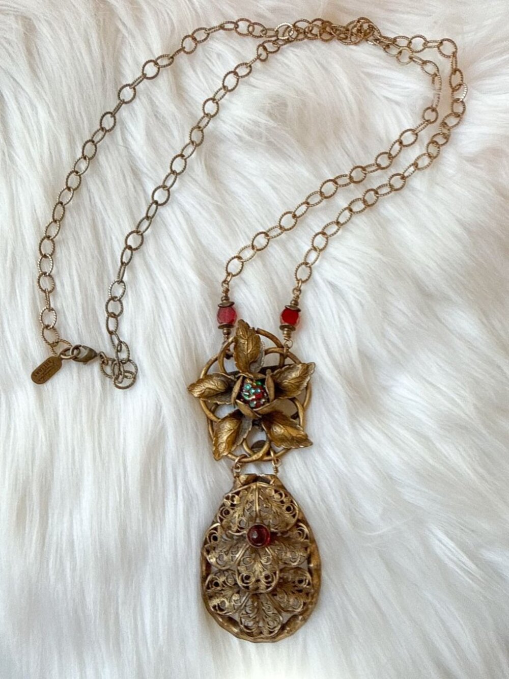 Grandmother's Buttons Necklace Czech Art Glass Carnelian Victorian Style Pendant